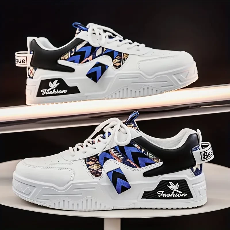 Men's Casual Low-Top Skate Shoes - Thick Rubber Sole, PU Upper with Decorative Patterns, Breathable Fabric Lining, Round Toe, Lace-Up Closure for Casual Attire, Casual Attire Footwear