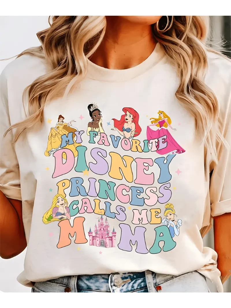 Disney Authorized Princesses My Favorite Disney Princess Calls Me Mama Print 100% T-shirt for Women Perfect Match for Summer Loose Casual and Cute Fashionable Cool 180g White Tee Sizes S~XXL