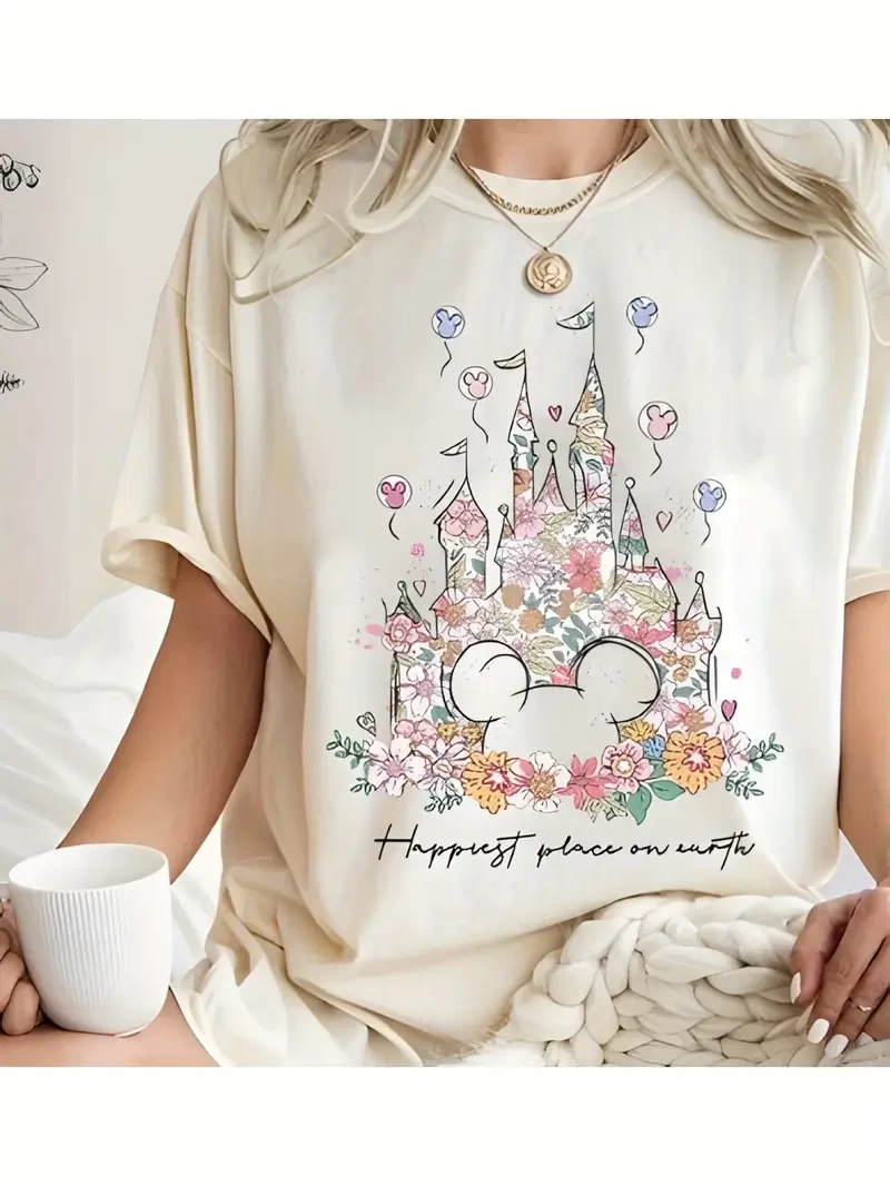 Disney Mickey Castle Floral Print 100% T-shirt for Women, Perfect Match for Summer Loose Casual and Cute Fashionable Cool 180g White Tee Sizes S~XXL