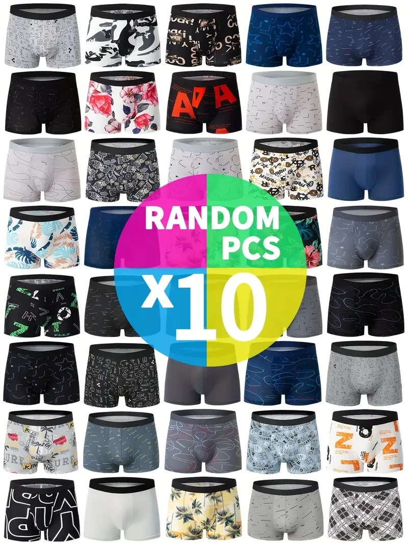 10 Pcs Men's Street Style Trendy Print Stretchy Boxer Briefs - Comfy & Breathable Underwear Set