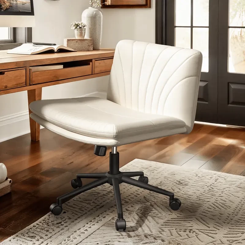 Adjustable Rotating PU Leather Cross-Legged Wide Chair Computer Task Chair, Armless Office Chair with Wheels, Suitable for Family Gaming Lounge, Office, Makeup, Small Space, Bedroom, Office Furniture