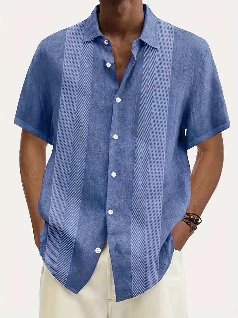 Men'S Vintage Striped Textured Print Button-Up Shirt with Pocket, 100% Polyester, Short Sleeve, Regular Fit, All-Season Casual Wear, Woven Fabric, 120gsm - Single Breasted Lapel Collar