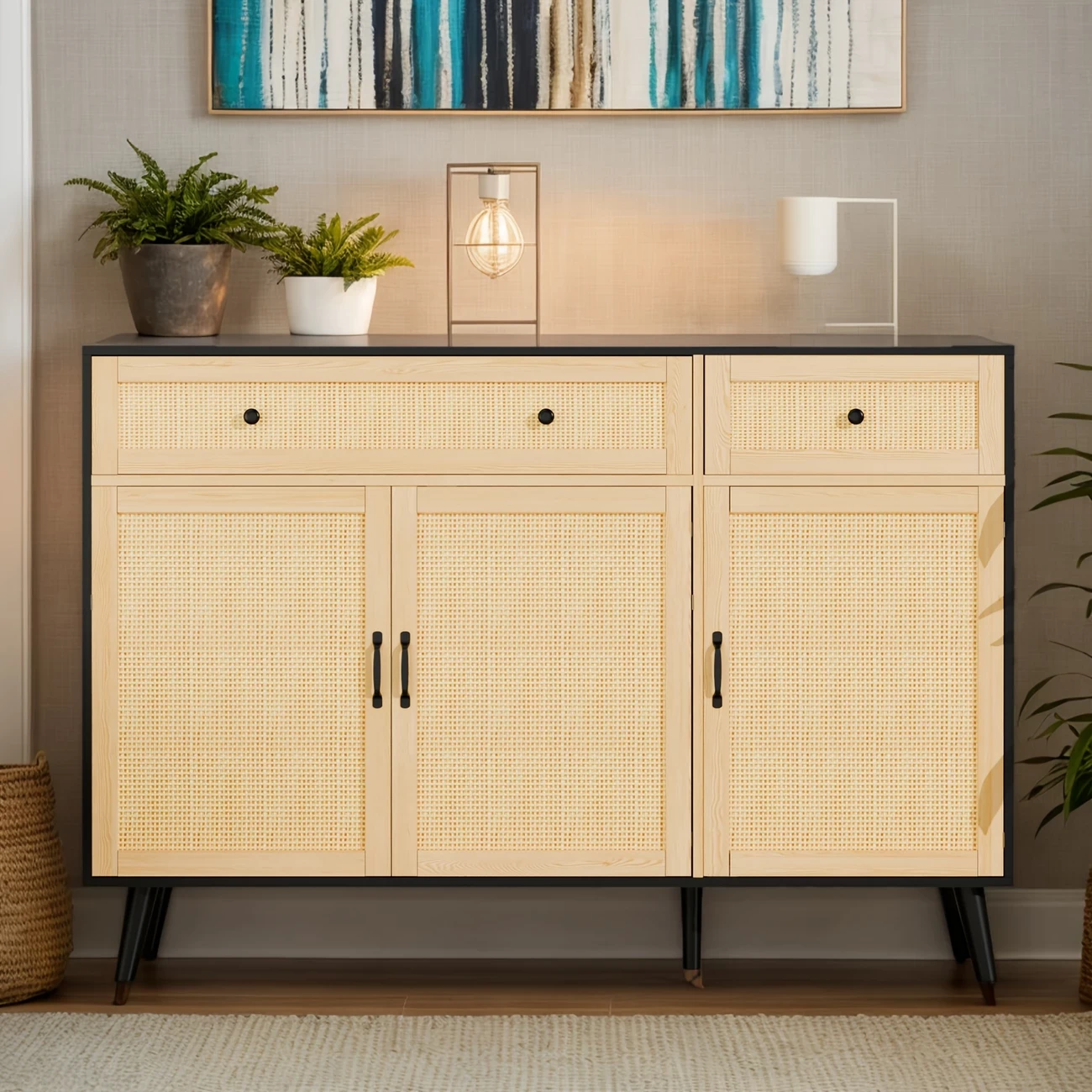 Best Choice Products 3-Door Rattan Storage Cabinet, Accent Furniture, Multifunctional Cupboard for Living Room, Hallway, Kitchen, Sideboard, Buffet Table - Black/Natural