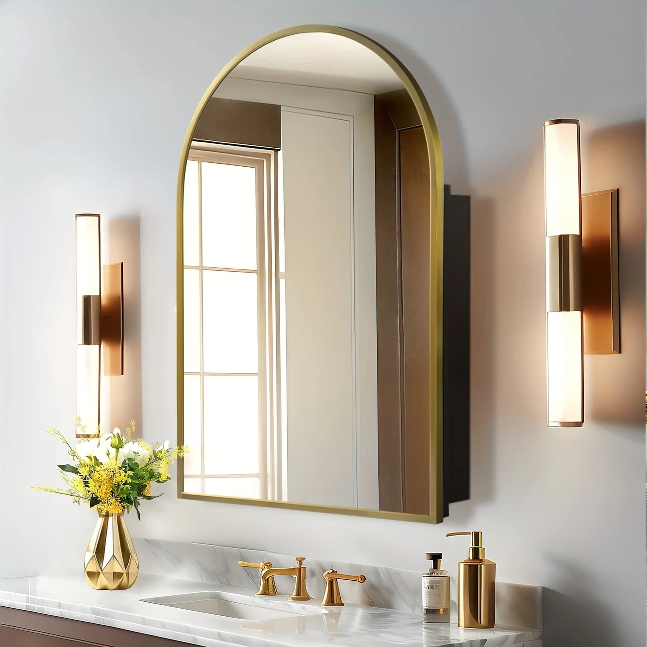 Bathroom Cabinet, Arched Medicine Cabinet With Mirror, Surface Mounted Farmhouse Bathroom Medicine Cabinet With 36 X 24 Inch Bathroom Vanity Mirror