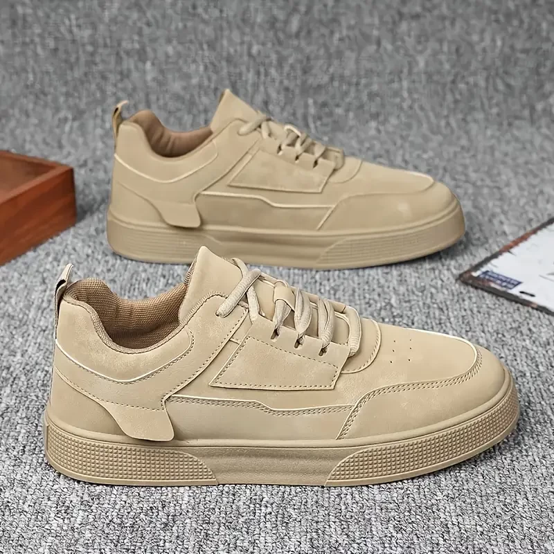 Men'S Stylish Solid Color Front Lace-Up Low Top Thick Sole Skate Shoes, Minimalist Style with Patchwork Details, Round Toe, Lightweight, Comfortable, Breathable, Couple'S Sports Shoes.