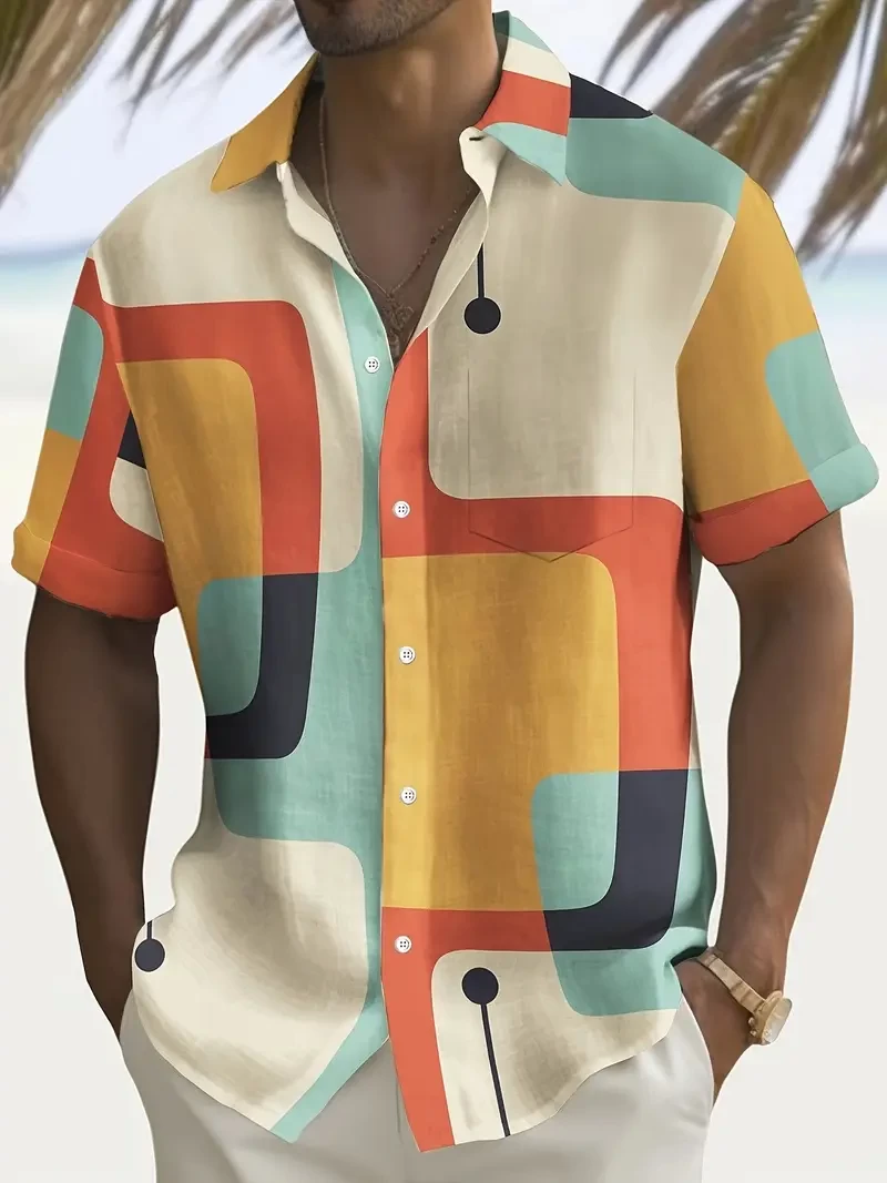 Men's Vintage 1950s Retro Geometric Atomic 3D Print Short Sleeve Shirt - 100% Polyester, Vibrant Color Block Design, Regular Fit with Chest Pockets & Single-Button Closure for Summer Casual Wear