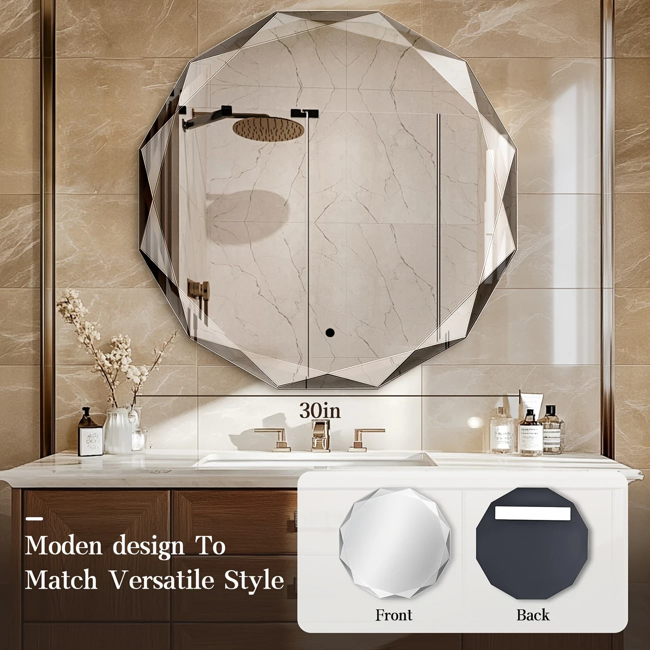 20"/24"/30" Frameless Wall-Mounted Bathroom Vanity Mirror - Beveled Edge, Large Rounded Glass Mirror for Over Sink, Living Room, Entryway, Cloakroom Decor, Modern Geometric Design, Living Room Accent