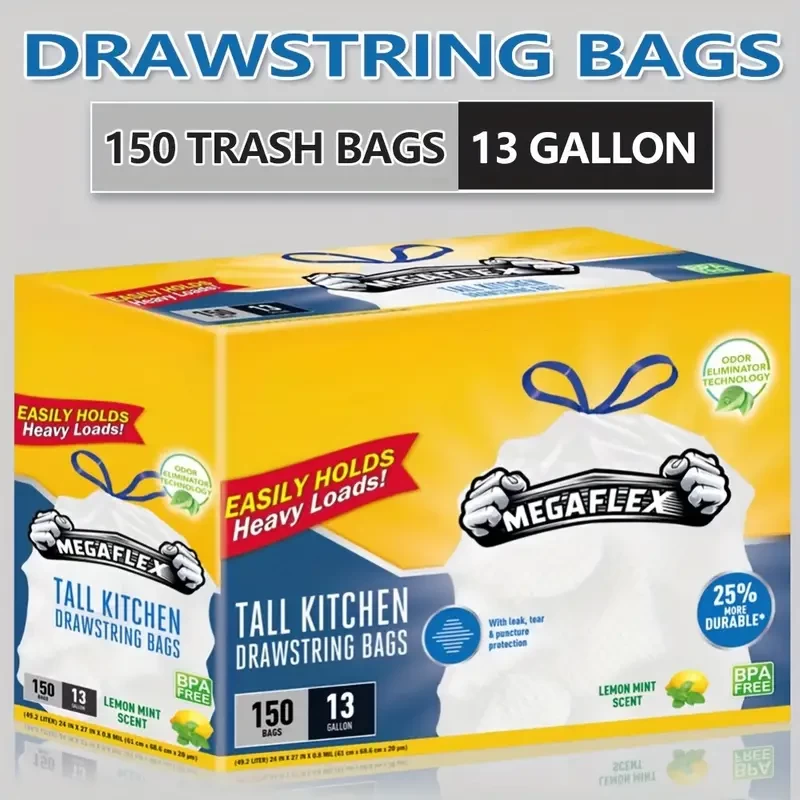 Boxed Disposable Non Tear Garbage Bag 150pcs Puncture Tear Resistant Trash Bags, 13 Gallon Capacity, ODOR ELIMINATORTECHNOLOGY Kitchen Drawstring Garbage Bags Fresh Clean Scent With Lemon Mint Scent,