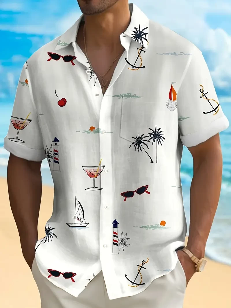 Men's Tropical Hawaiian Shirt - Beach-Themed Print with Palm Trees, Sailboats & Cocktail Glasses, Short Sleeve, Button-Up with Chest Pocket, Lightweight Polyester, Ideal for Summer Vacations