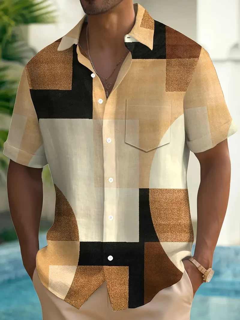 Colorblock Short Sleeve Shirt For Men, Trendy Casual Shirt, Daily Life Clothing, Outdoor Cloth