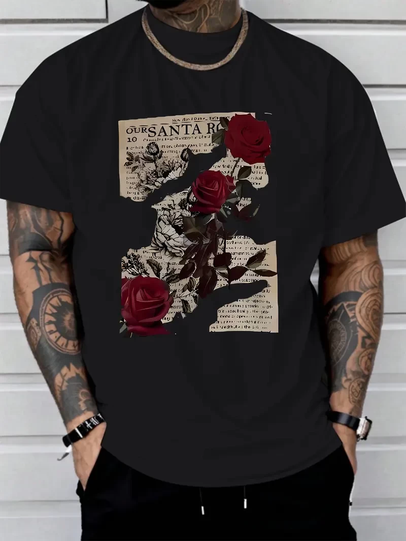Men's Soft Cotton Graphic T-Shirt - Casual Short Sleeve Summer Tee with Vintage Rose Print, Comfortable Round Neck, White, Everyday Comfort Tee | Casual Style Tshirt | Smooth Fabric Tee