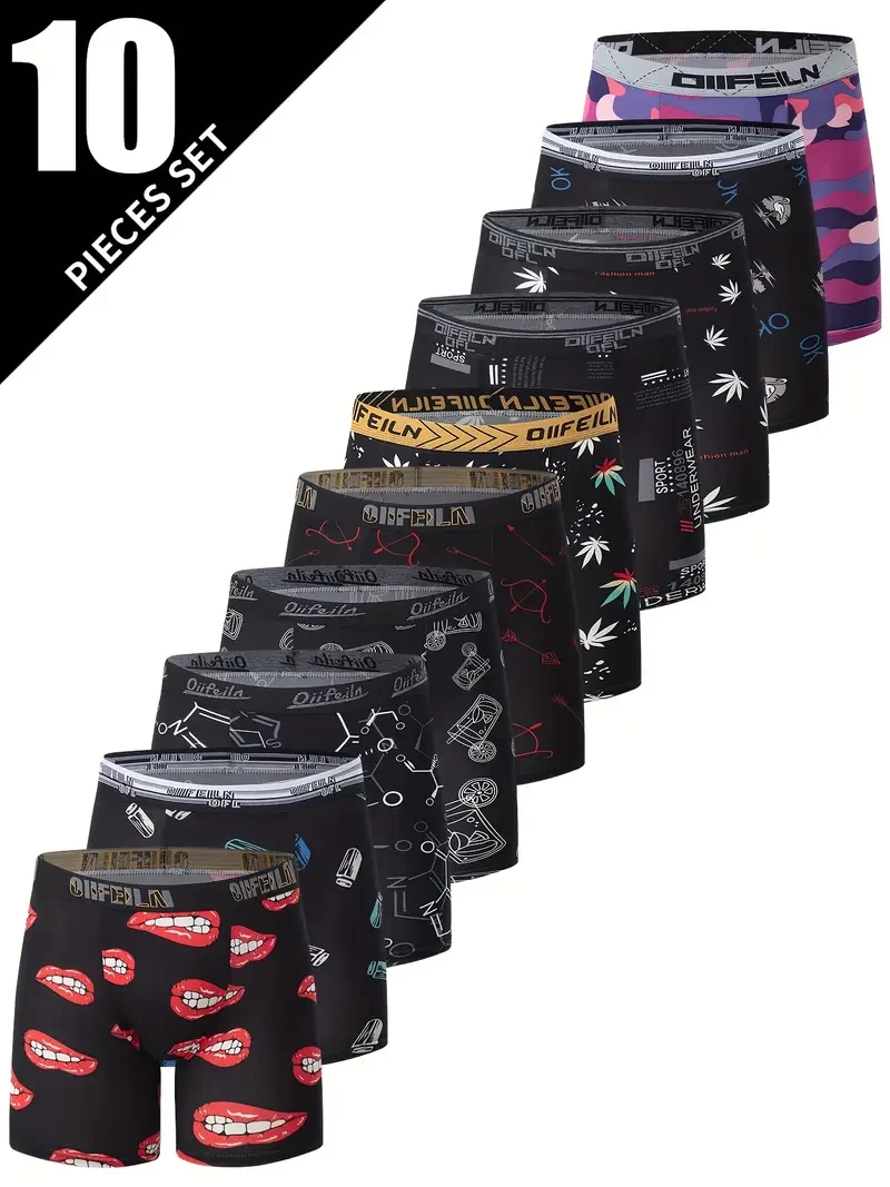 10-Pack Men'S Boxer Briefs, Fashion Print Breathable Underwear, 96% Polyester 4% Elastane, Slight Stretch Knit Fabric, 115g/m², All Over Print Design