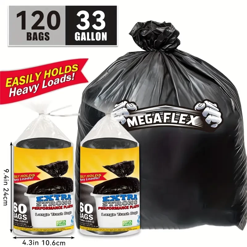 120 Bags 33 Gallon Disposable Large Garbage Puncture Tear Resistant Trash Bags, 33 Gallon Capacity, Large Multipurpose Cleaning Supplies For Industrial, Garden, Home, And Commercial Use - Durable, Lea