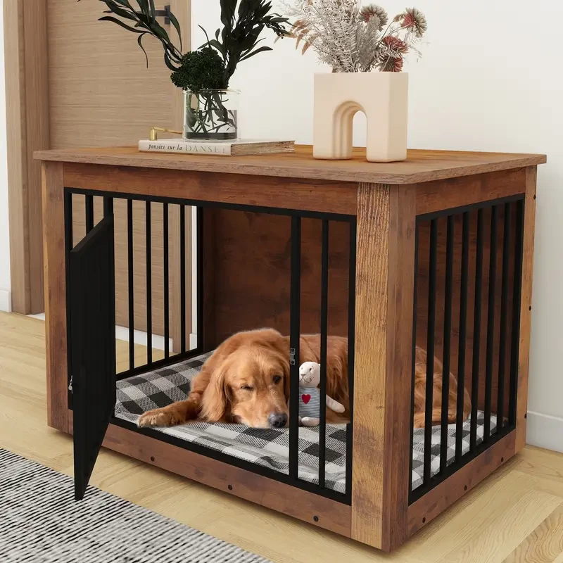 Heavy-Duty 2-in-1 Iron & Wood Dog Crate Furniture for Large Dogs up to 80 lbs, Waterproof Top, Safety Corners, Steel Lock, Side End Table Style, Rustic Brown, Dog Furniture