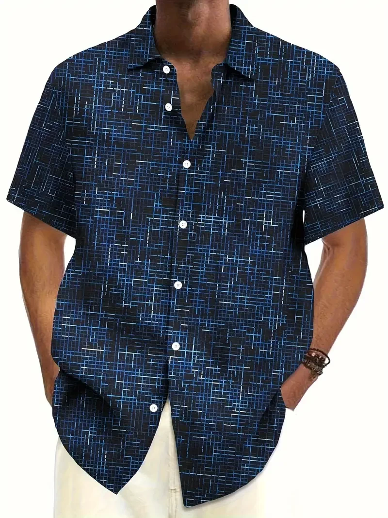 Men'S Vintage Plaid Textured Print Short Sleeve Shirt with Pocket, Polyester 100%, Regular Fit, Single Breasted, Woven Fabric, 120gsm, Summer Casual Lapel Collar, Regular Length - Adult