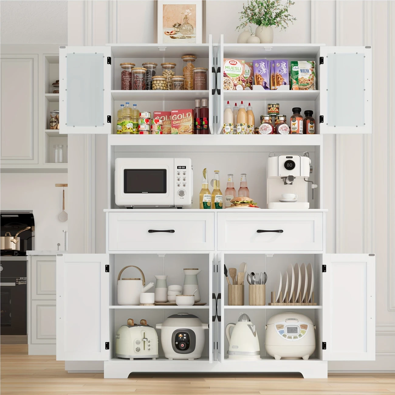 Spacious 71" White Pantry Cabinet with Microwave Stand, Drawers & Large Countertop - Modern Kitchen Hutch with Doors & Shelves, Cable-Friendly Design for Home Bar & Dining Room Storage, Kitchen Pantry