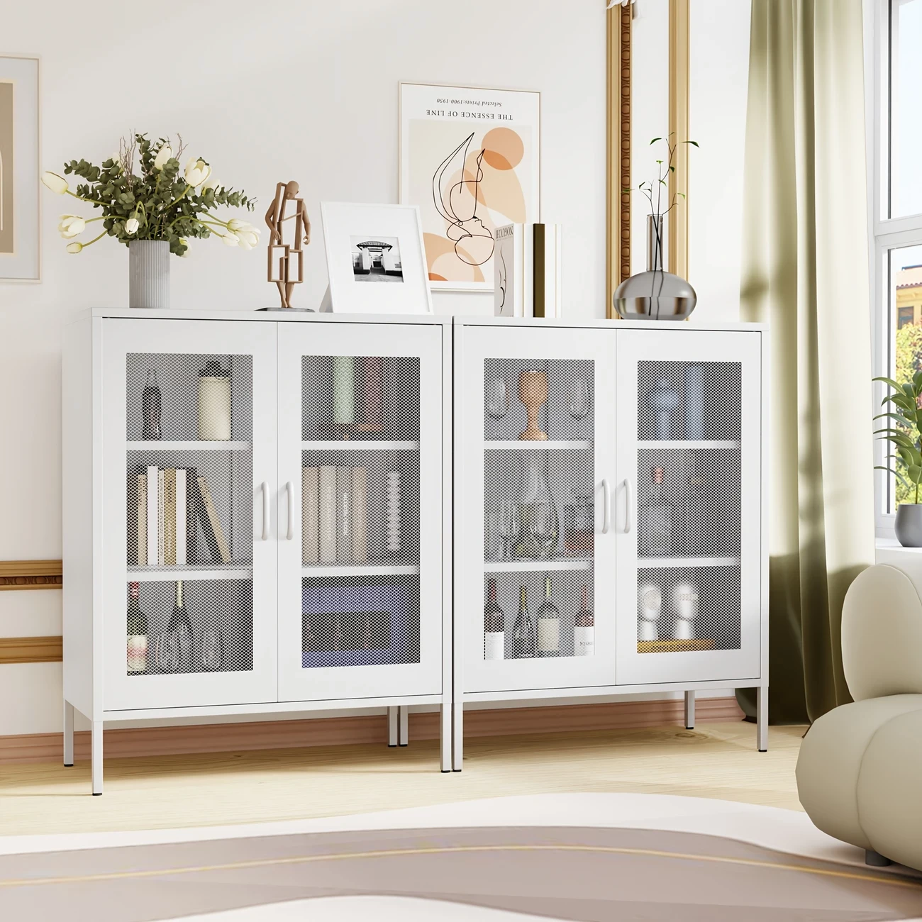[Metal Sideboard, Pantry Storage] 2-Door Metal Storage Cabinet - Adjustable Shelves Metal Locker Cabinet for Home, Office, Kitchen, Living Room