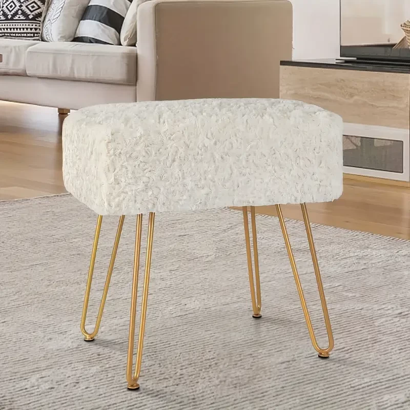 Cream-colored Bar Stool, Classic Square-shaped Stool, Multi-functional Vanity Stool, Shoe-changing Stool, With Metal Legs, Suitable For Entryway, Bedroom, And Dining Room