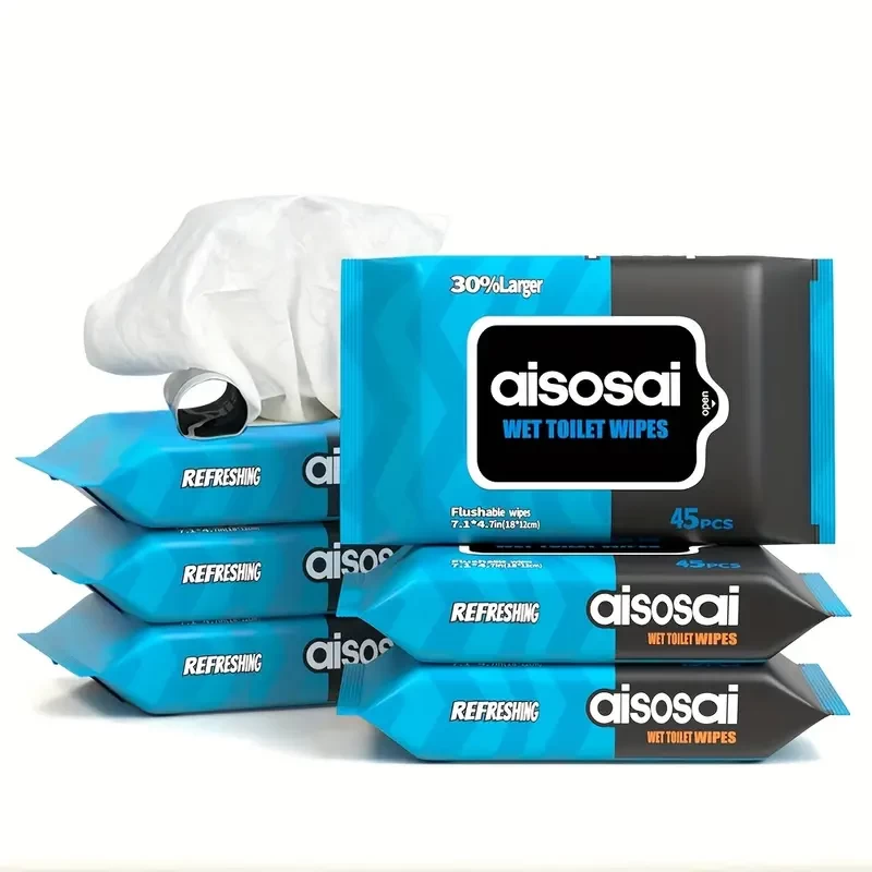 6 Packs, 270 Flushable Extra Large Wipes, Portable Packaging/Home Use, Unscented and Alcohol-Free, Suitable for Toilets, Safe for Septic Tanks and Sewers, Outdoor Camping