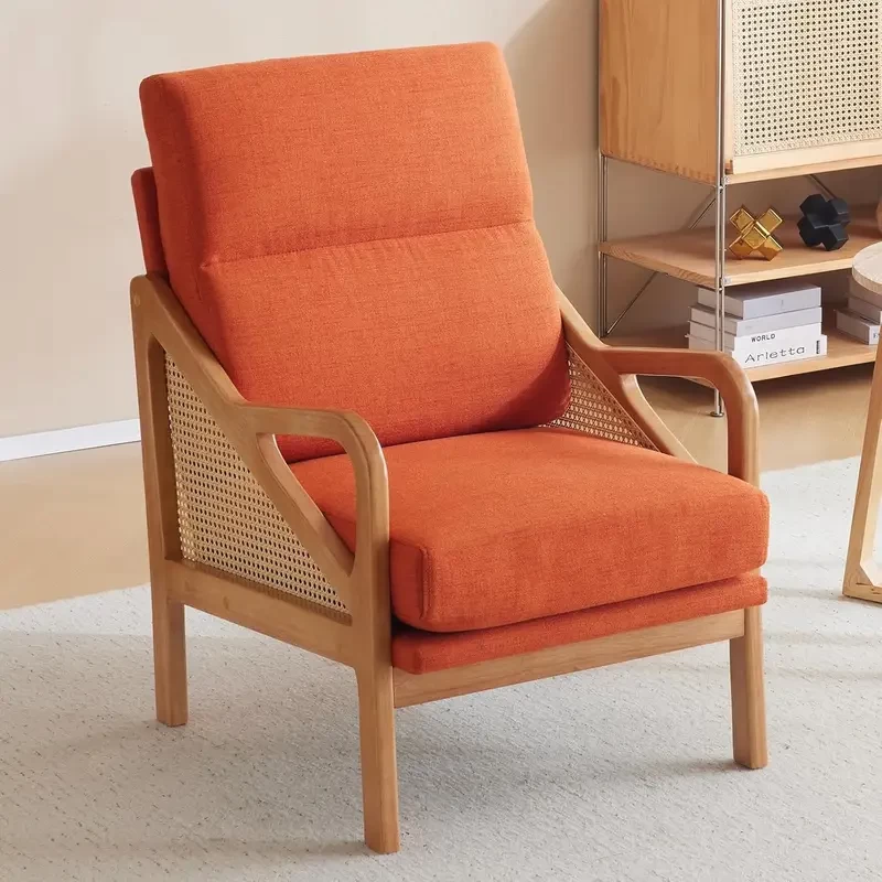Chic Mid-Century Modern Accent Chair - Woven Rattan with Upholstered Lounge Arm, Oak Wood Frame & Soft Cushion for Living Room, Bedroom, or Reading Area, LEADZM