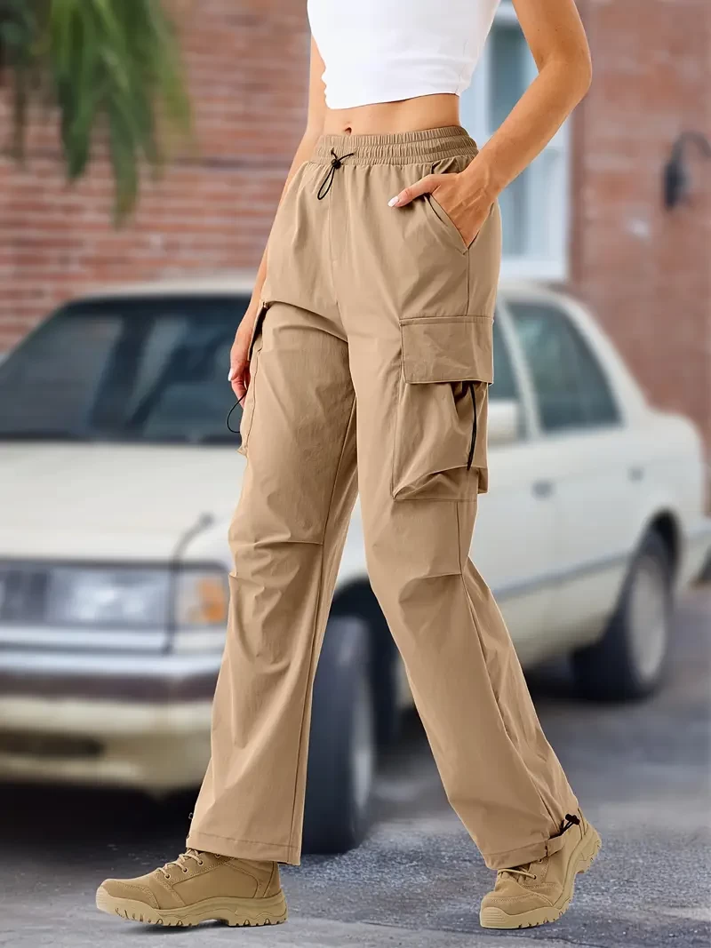 Women's high-waisted wide-leg casual pants with 4 pockets, elastic drawstring and loose Y2K style