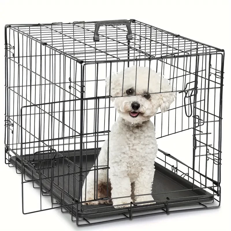 24-Inch Portable Dog Cage with Reversible Double Door, Sturdy Latch & Leak-Proof Tray - Foldable, Easy Carry Design with Safety Rounded Corners
