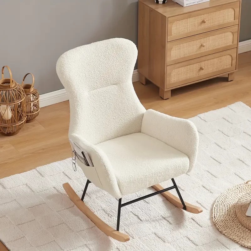 Ergonomic High-Back Rocking Chair with Armrests, Plush White Upholstered Glider, Metal Frame and Solid Wood Legs, 250 lbs Capacity - Stylish Accent Armchair for Living Room or Nursery