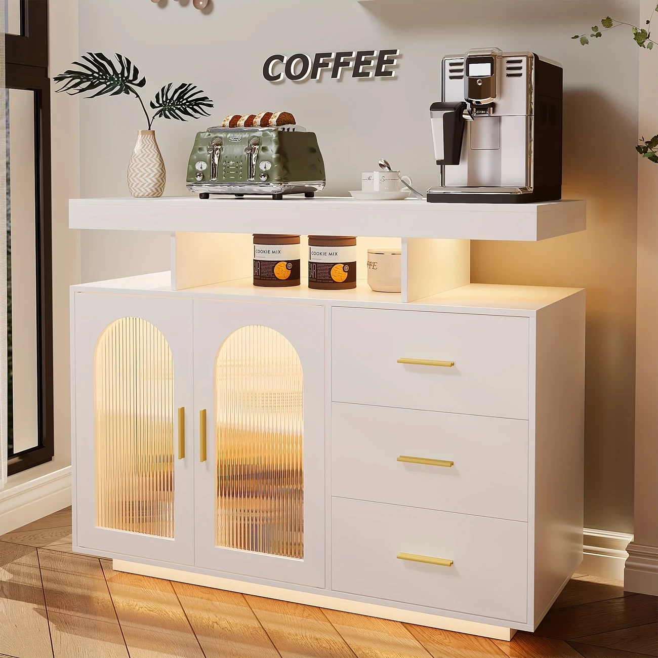 FREDEES Kitchen Cabinet Sideboard With 3 Drawers, Buffet Cabinet With Auto Sensor, 20 Colour Lights, Console Table With Charging Station, Touch Control Console, Coffee Bar Table White/Black