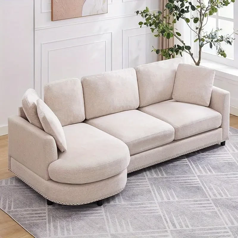Luxury Cloud Sofa - 3-Seat Modern Linen Fabric Couch with Curved Chaise, 2 Support Throw Pillows, Soft Upholstered Couches for Living Room, Ideal for Relaxation and Entertainment