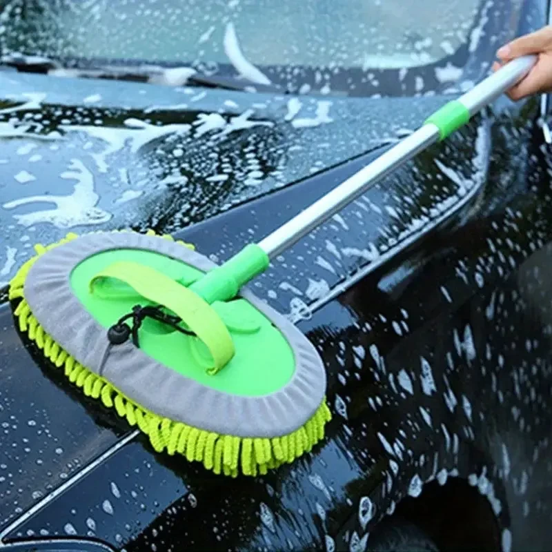2-in-1 Extendable Car Wash Mop - Super Absorbent, Scratch-Free Chenille Microfiber with 46.5" Telescopic Handle & 180° Rotating Head for Effortless Detailing and Dusting, Lint-Free Soft Mop for Interi