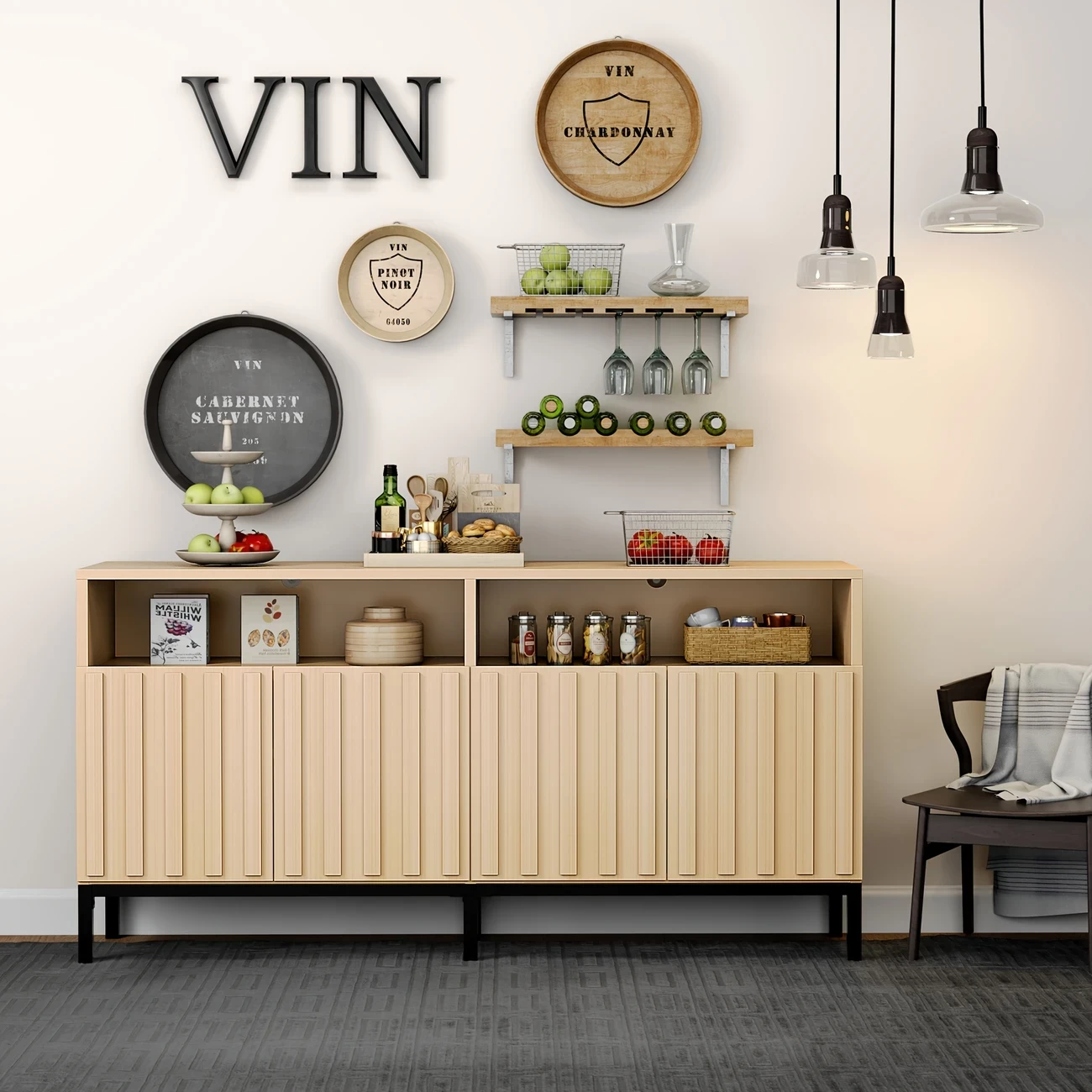 Modern Natural Wood Sideboard Cabinet with Open Compartments – Versatile Storage for Kitchen, Living Room, and Dining Area, Featuring Multiple Shelves and Sliding Door Cabinets