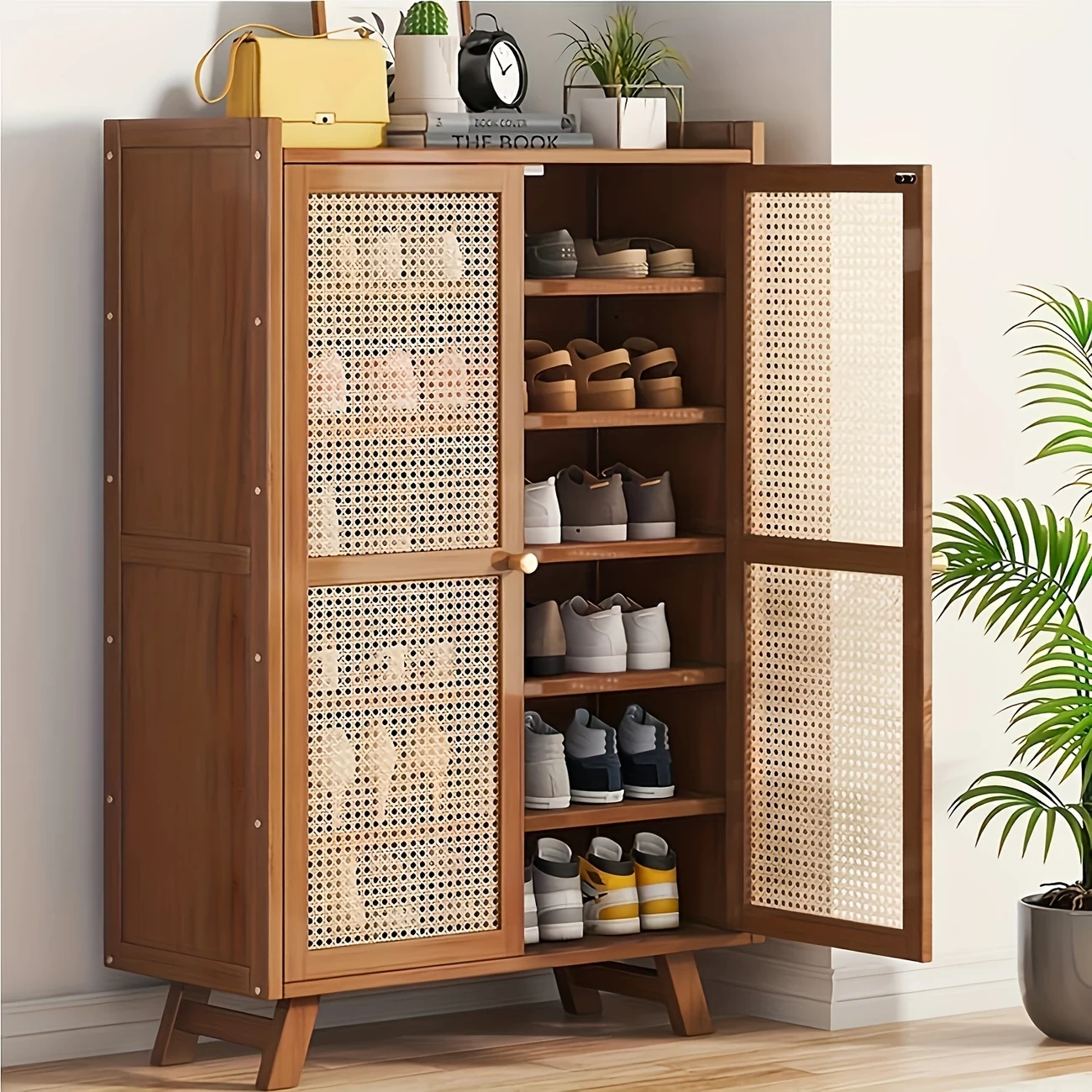 Bamboo Shoe Storage Cabinet, Shoe Cabinet For Entryway With 2 Doors, 5/7-Tier Standing Shoe Organizer, Adjustable Shelves, For Living Room Hallway Entryway, Standing Shelf