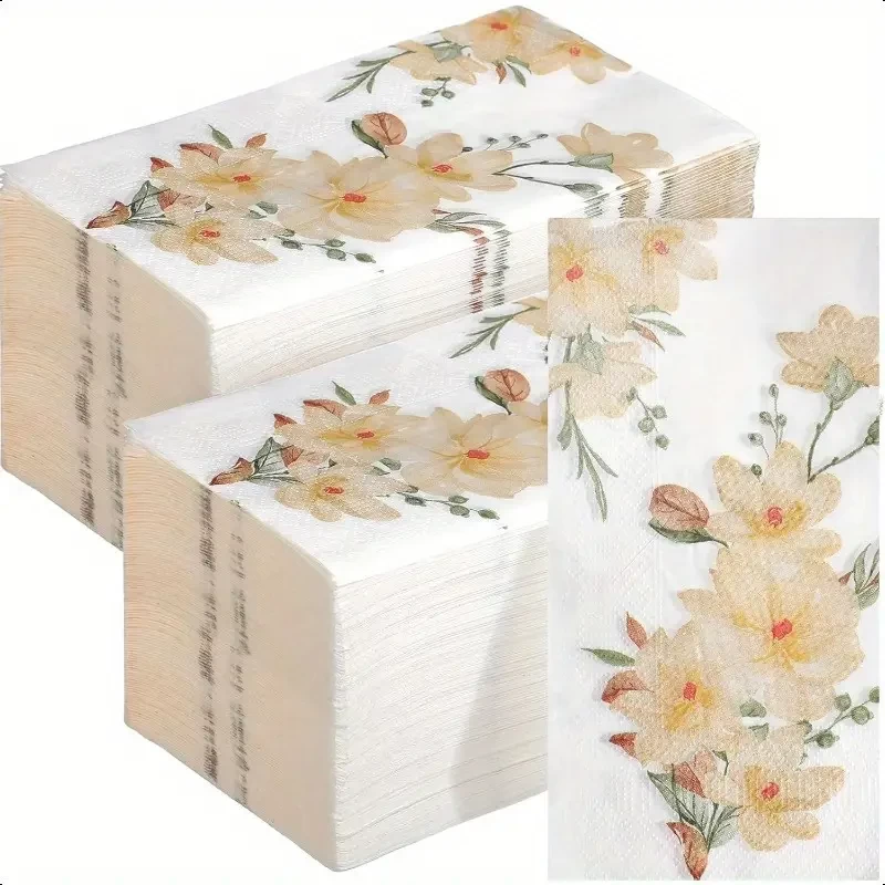 200pcs Elegant Floral Guest Napkins - Disposable Decorative Paper Hand Towels with Blossom Flowers & Green Leaves, Soft Absorbent 2-Ply for Weddings, Baby Showers, Tea Parties, Bathroom & Table Decor,