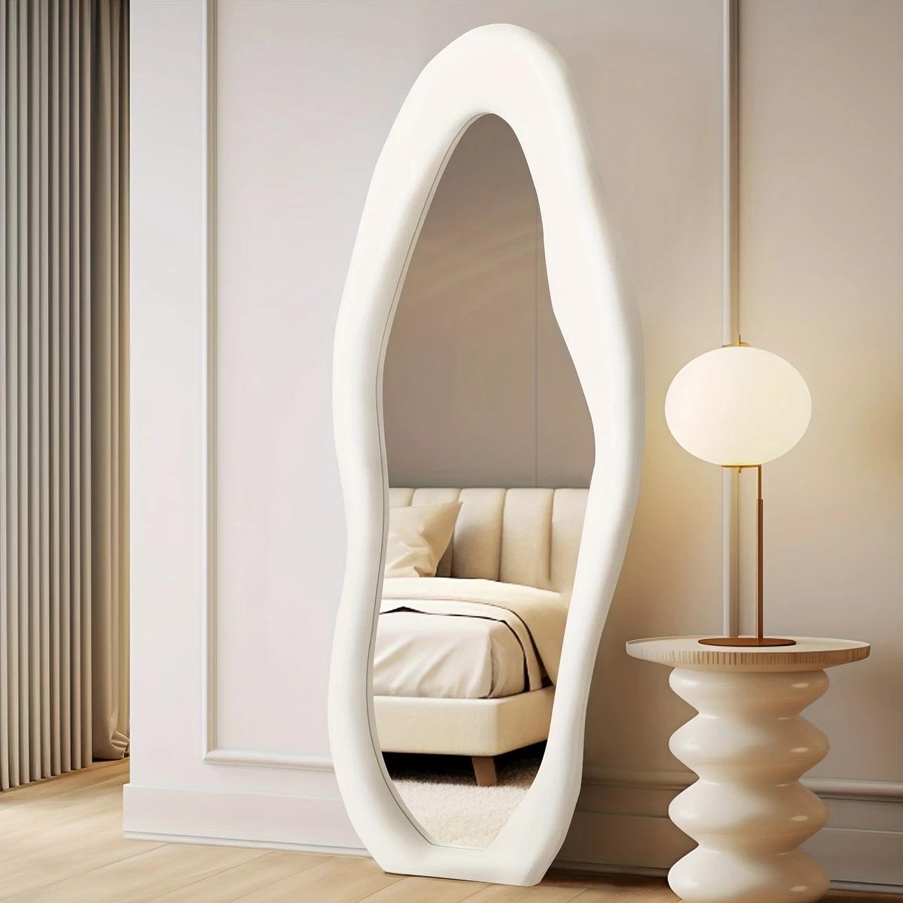 63"x 24" Full Length Mirror Irregular Full Body Mirror Wall Mounted Floor Mirror with Stand Ivory Flannel Frame Leaning Hanging Wall Mirror for Bedroom Entrance