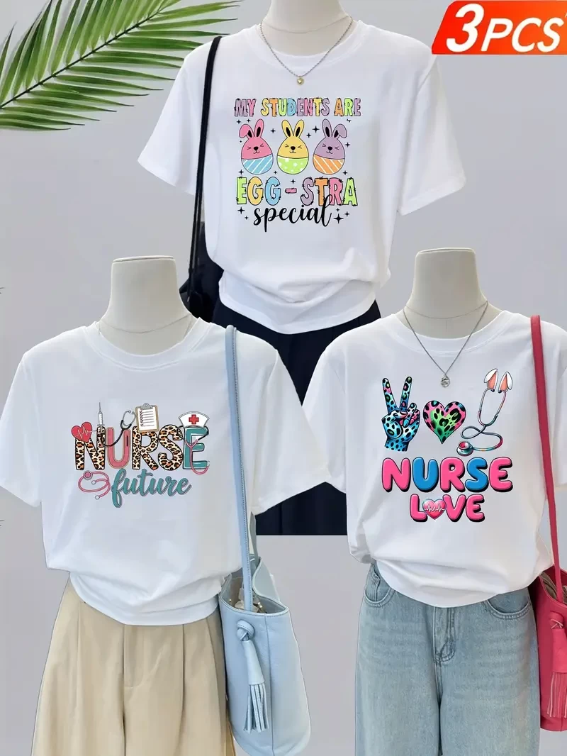 Funny Easter themed T-shirts - Women's casual crew neck short sleeve T-shirts, fun Easter bunny and Easter egg illustration designs, essential spring and summer, wear fun prints every day, Women's T-s