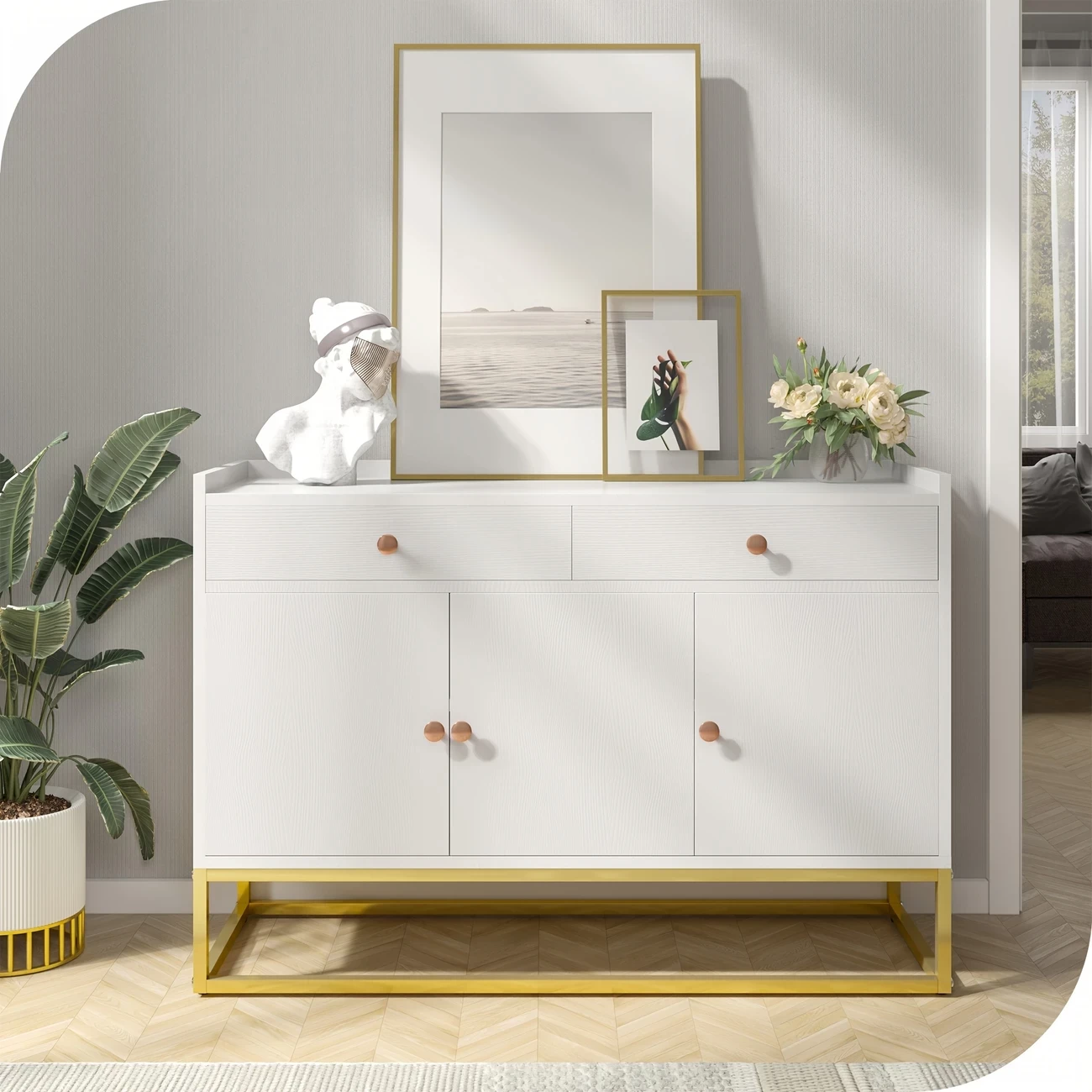 White Metal Frame Sideboard - 47.2" x 15.7" Storage Cabinet, Elegant Design for Living Room, Office, or Entryway