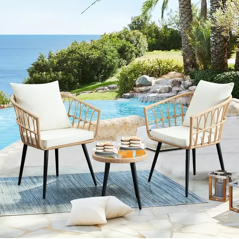 3pcs Patio Bistro Sets, Outdoor Wicker Furniture Set, All-Weather Rattan Chairs Conversation Set with Cushions Round Table for Garden, Balcony, Backyard, Porch, Deck-Beige