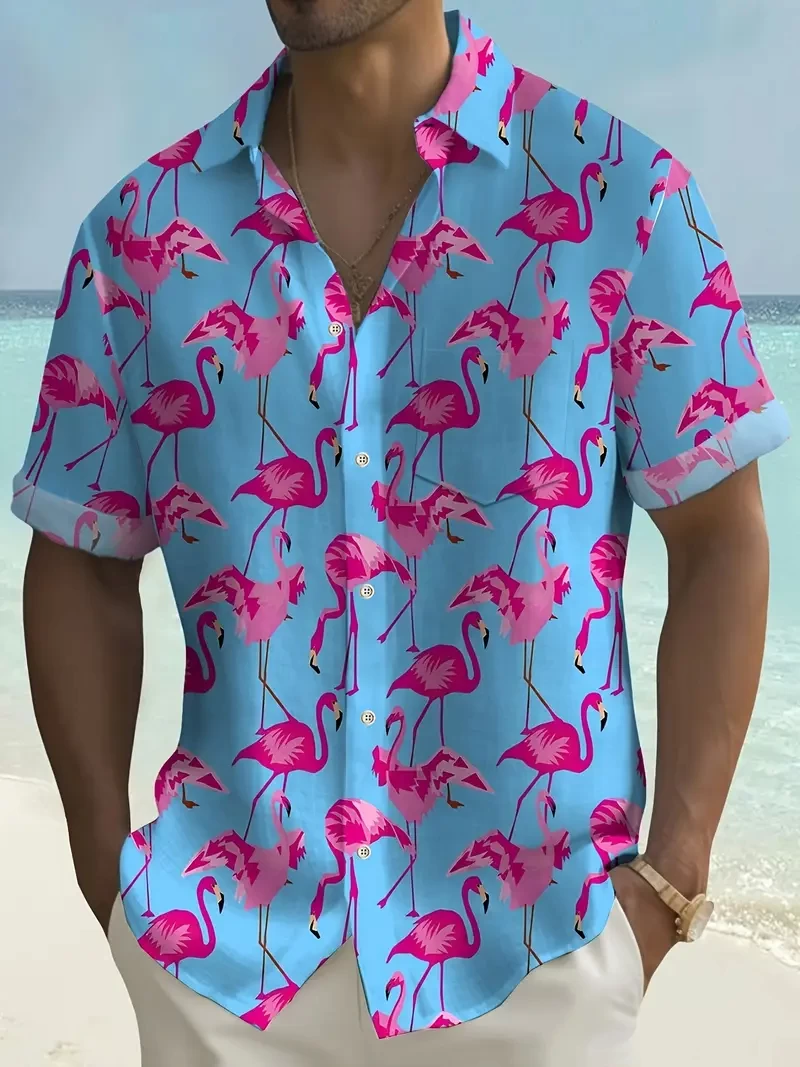 Flamingo Print Hawaiian Shirt, Men's Casual Allover Print Button Up Short Sleeve Shirt For Summer Beach Vacation Resort