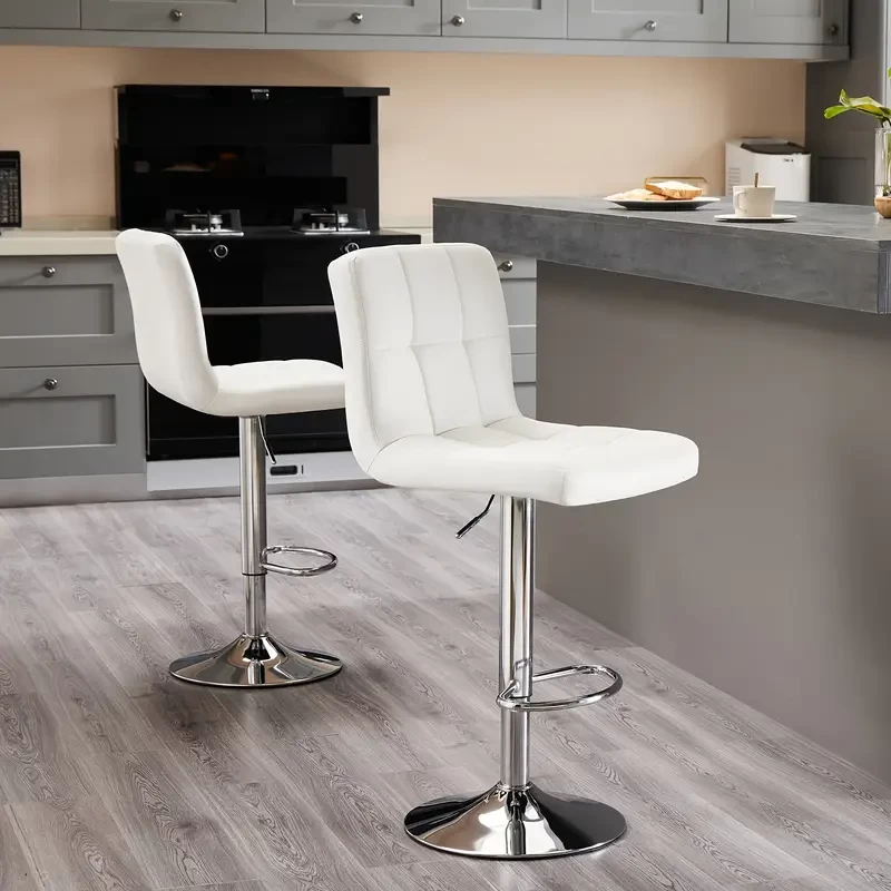 Set of 2 Adjustable Swivel Bar Stools with Thickened Seat Cushion - PU Leather, Armless, Hydraulic Kitchen Counter Height, Square Island Design with Back Support - WHITE, Durable and Comfortable Seati