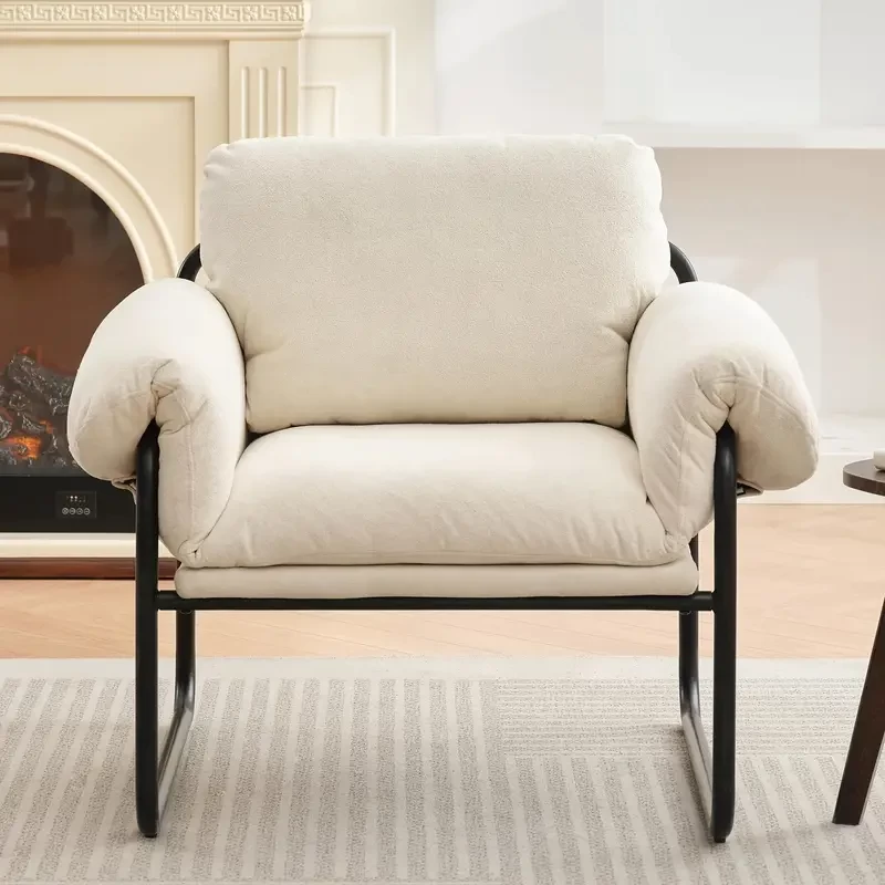 JUSTLET Mid-Century Accent Chair – Comfy Upholstered Armchair with Metal Frame, Beige Loop Pile Fabric, Ergonomic Design for Living Room or Bedroom, Chair for Living Room