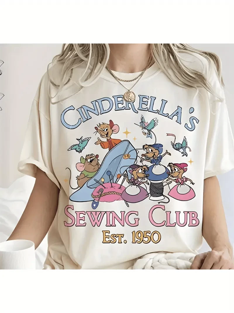 Disney Cinderella's Sewing Club Print 100% T-Shirt for Women - Lightweight 180g White Tee with Vintage Design, Short Sleeve, Round Neck, Casual Summer Top, Sizes S~XXL, Disney T Shirt