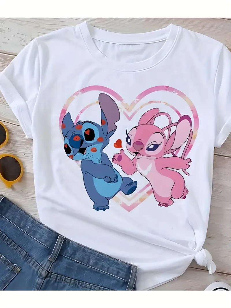 Disney Stitch & Angel Heart Dance Graphic Women's T-Shirt - Cute, Casual, Breathable Summer Tee, White, Sizes S~XXL, 100%, Loose Fit, Perfect for Disney Fans, Casual Summer Tee | Heart Print Top | 100