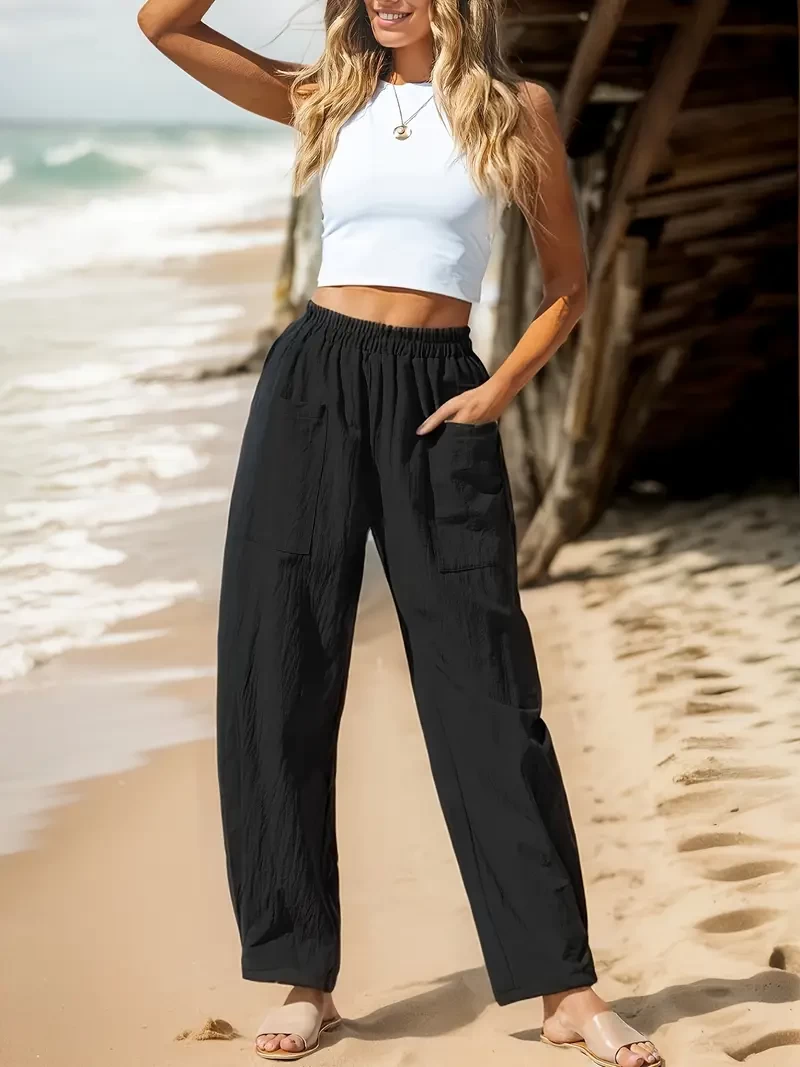 Women's Black Linen Blend Casual Pants - Elastic Waist, Wide Leg Cargo Style with Pockets, Lightweight & Breathable for Beach or Casual Attire