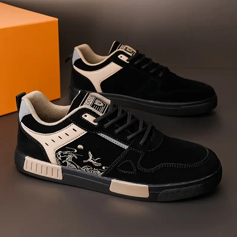Vintage Preppy Street Style Skateboarding Shoes for Men - All-Season Low Top Lace-Up Sneakers with Graphic Design, PU Upper, Fabric Inner, Rubber Sole, Cloth Insole, Round Toe for Hiking, Daily & Casu