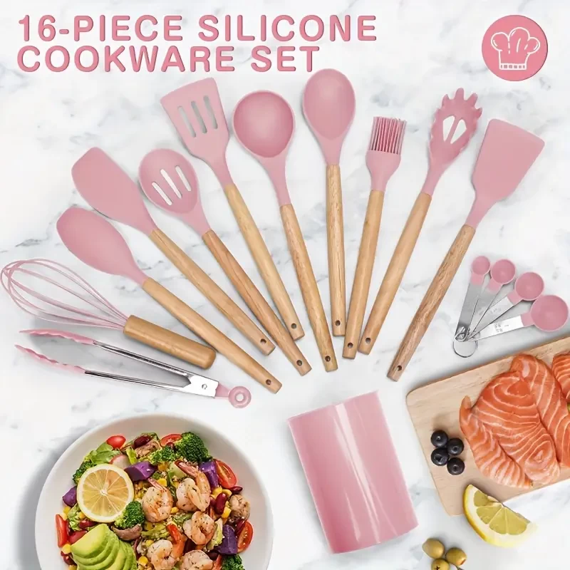16pcs Set Of High-quality Pink Silicone Kitchenware Set With Storage Bucket, Wooden Handle Kitchenware Set, Silicone Spatula, Heat-resistant, Anti Slip, Easy To Clean
