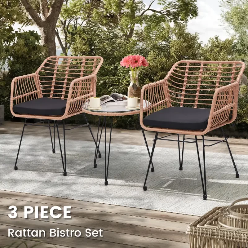 3pcs Wicker Patio Bistro Furniture Set, Includes 2 Chairs And Glass Top Table, Ideal for Porch, Outdoor, Backyard, Apartment, Balcony