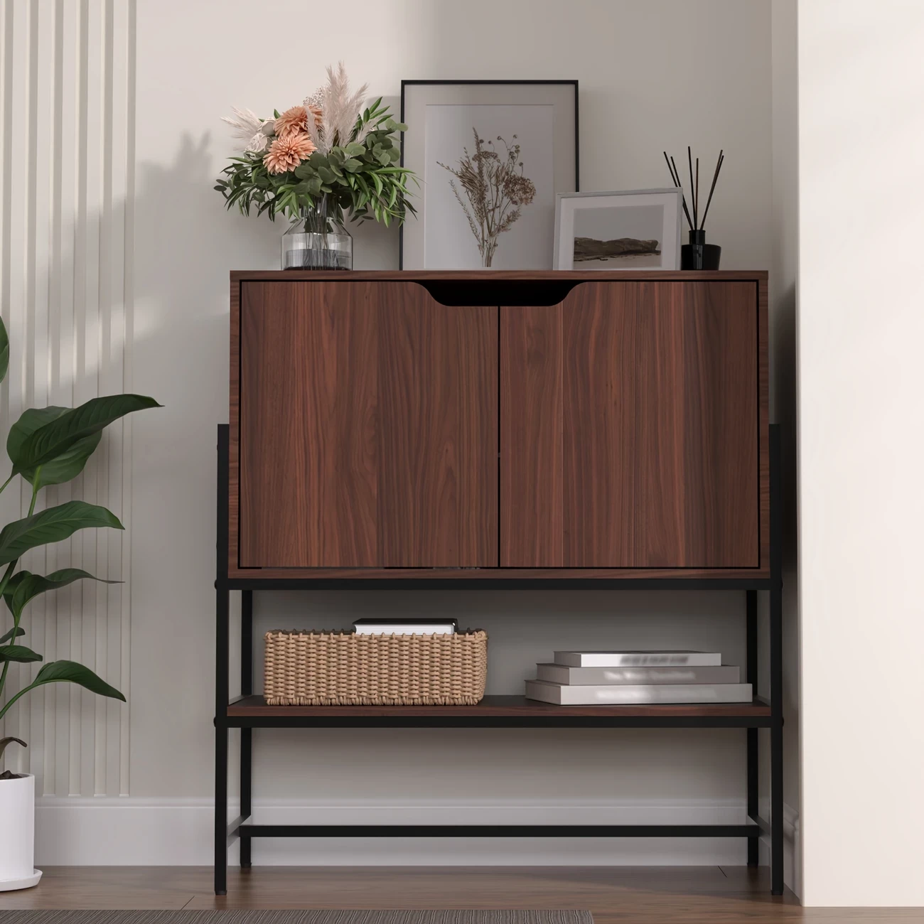 MHOM Sideboard Buffer Cabinet with Storage, Modern Storage Cabinet with 2 Doors & Open Storage Shelf, Small Bar Cabinet Console Table for Kitchen, Living Room, Dining Room, Hallway,