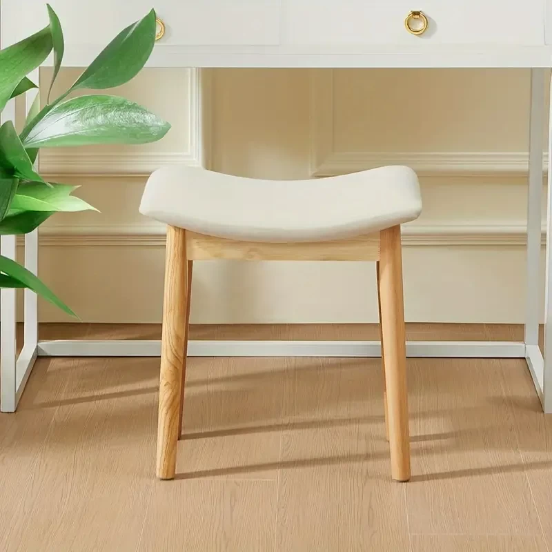 Saddle Cushion Ottoman Stool Chair With Solid Wood Legs, A Modern Piano Bench For Makeup And Foot Stool. Ideal For Bedroom, Entryway And Living Room Decor. 18", Beige