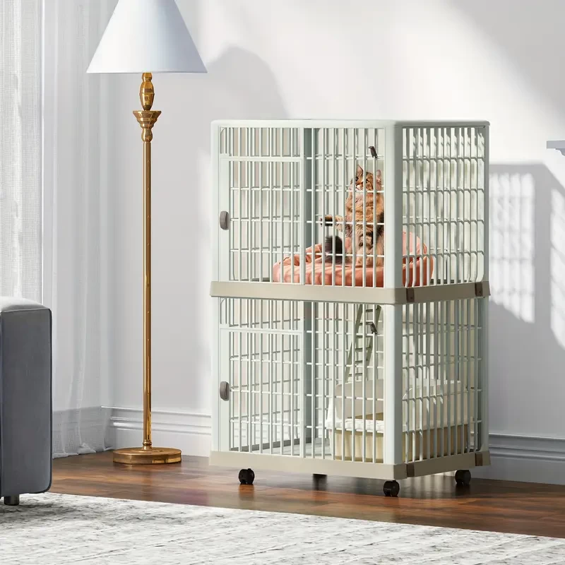 DWVO 41'' 2-Tier Cat Cage Cat Crate with Door Locks and Bottom, Three-Door Design Plastic Ferret Cage Large Rabbit Cage Indoor Chinchilla Cage Small Animal Cages Catio with Wheels and Ladder
