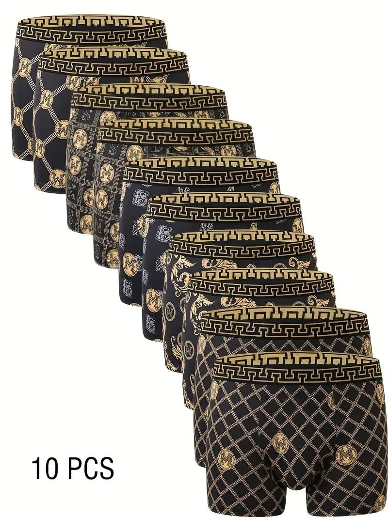 10pcs Men's Boxer Briefs, Black and Golden Print, High Stretch Polyester Knit Fabric, Quick-Dry Comfort Fit Underwear for Golf